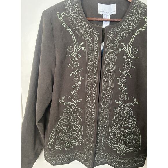 Susan Graver Embroidered Faux Suede Blazer Womens Size Medium Green Classic NWT - Picture 2 of 8
